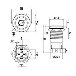 12A-G1-C 12mm Çıkık Yaylı Işıklı Power Metal Buton - Beyaz - 2