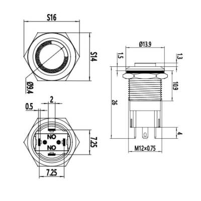 12A-G1-E 12mm Bulge Momentary Illuminated Metal Button - Yellow - 2