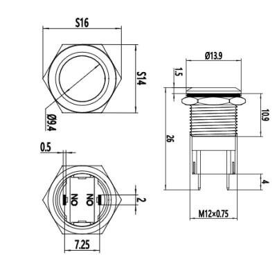 12A-P1 12mm Flat Momentary Metal Button - 2