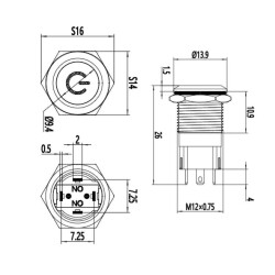 12A-P1-C 12mm Düz Yaylı Işıklı Power Metal Buton - Beyaz - 2