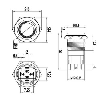 12A-P1-E 12mm Düz Yaylı Işıklı Metal Buton - Mavi - 2