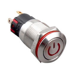 12A-P1-E 12mm Flat Momentary Illuminated Power Metal Button - Red - 1