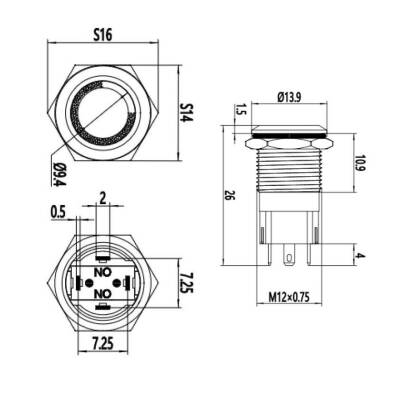 12A-P1Z-E 12mm Düz Anahtarlı Işıklı Metal Buton - Kırmızı - 2