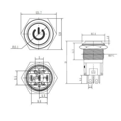 16A-G1-C 16mm Bulge Momentary Illuminated Power Metal Button - Blue - 2