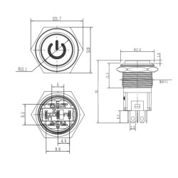 16A-G1-C 16mm Bulge Momentary Illuminated Power Metal Button - Red - 2