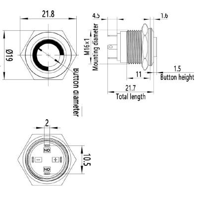 16H-G1-E 16mm Bulge Momentary Illuminated Metal Button - Blue - 2