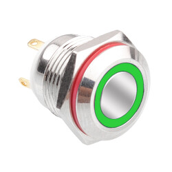 16H-P1-E 16mm Flat Momentary Illuminated Metal Button - Green - 1