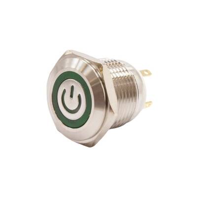 16H-P1-EC 16mm Flat Momentary Illuminated Power Metal Button - Green - 1