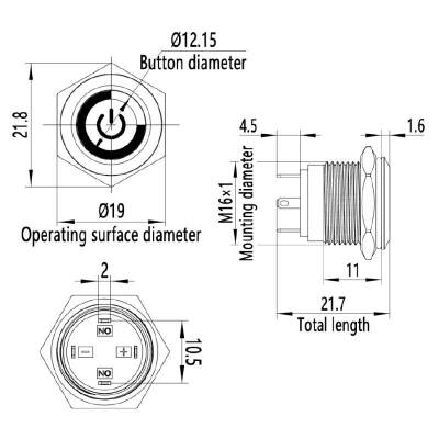 16H-P1-EC 16mm Flat Momentary Illuminated Power Metal Button - Green - 3