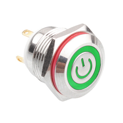 16H-P1-EC 16mm Flat Momentary Illuminated Power Metal Button - Green - 1