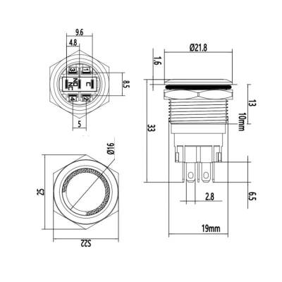 19A-P1-E 19mm Flat Momentary Illuminated Metal Button - Blue - 2