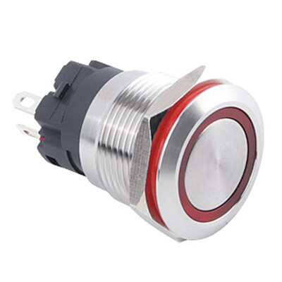 19A-P1-E 19mm Flat Momentary Illuminated Metal Button - Red - 1