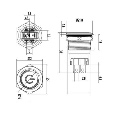 19A-P1-EC 19mm Düz Yaylı Işıklı Power Metal Buton - Mavi - 2