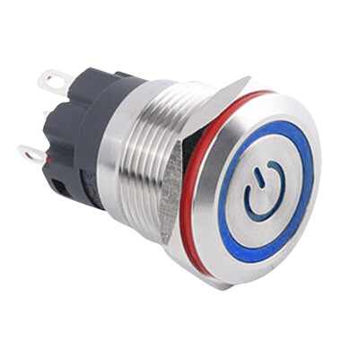 19A-P1-EC 19mm Flat Momentary Illuminated Power Metal Button - Blue - 1