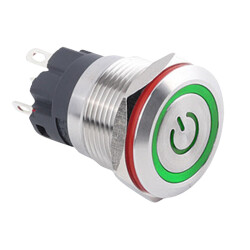 19A-P1-EC 19mm Flat Momentary Illuminated Power Metal Button - Green - 1