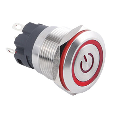 19A-P1-EC 19mm Flat Momentary Illuminated Power Metal Button - Red - 1