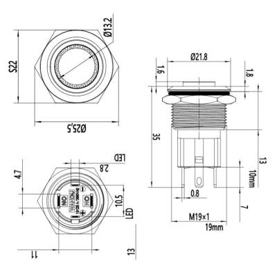 19D-G1-E 19mm Bulge Momentary Illuminated Metal Button - Green - 2