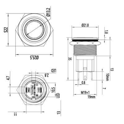 19D-P1-E 19mm Düz Yaylı Işıklı Metal Buton - Kırmızı - 2