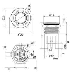 19D-P1-E 19mm Flat Momentary Illuminated Metal Button - Green - 2