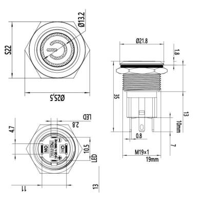 19D-P1-EC 19mm Düz Yaylı Işıklı Power Metal Buton - Beyaz - 2