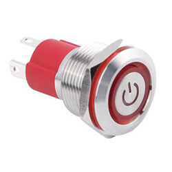 19D-P1-EC 19mm Flat Momentary Illuminated Power Metal Button - Red - 1