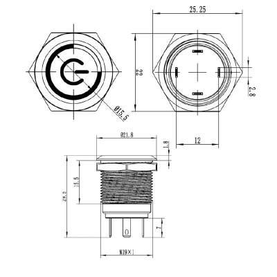 19H-P1-EC 19mm Düz Yaylı Işıklı Power Metal Buton - Mavi - 2