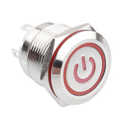 19H-P1-EC 19mm Flat Momentary Illuminated Power Metal Button - Red - 1