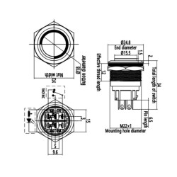 22B-G1-E 22mm Bulge Momentary Illuminated Metal Button - Blue - 2