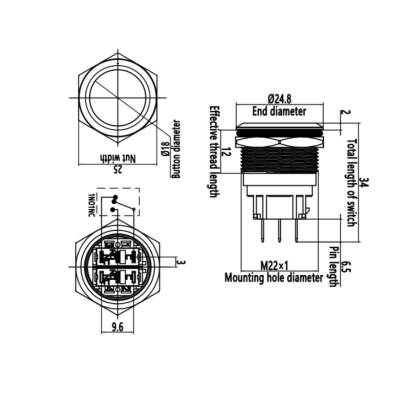 22B-P1 22mm Düz Yaylı Metal Buton - 2