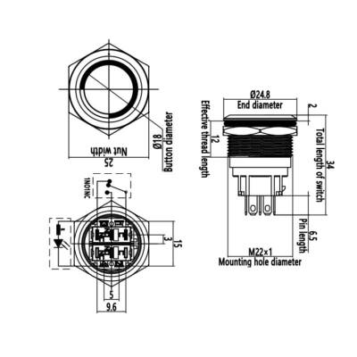 22B-P1-E 22mm Düz Yaylı Işıklı Metal Buton - Kırmızı - 2