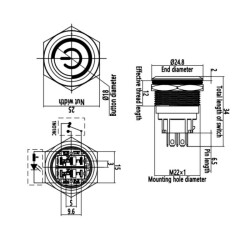 22B-P1-EC 22mm Düz Yaylı Işıklı Power Metal Buton - Beyaz - 2