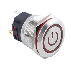 22B-P1Z-EC 22mm Flat Self Locking Illuminated Power Metal Button - Red - 1