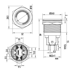 22E-P1-E 22mm Flat Momentary Illuminated Metal Button - Green - 2