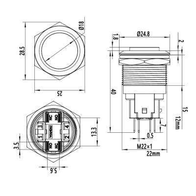 22E-G1 22mm Bulge Momentary Metal Button - 2