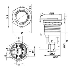 22E-G1-E 22mm Bulge Momentary Illuminated Metal Button - Green - 2