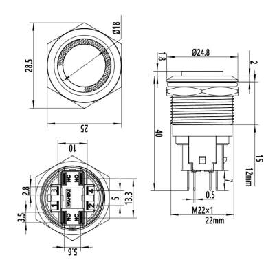 22E-G1-E 22mm Bulge Momentary Illuminated Metal Button - Green - 2