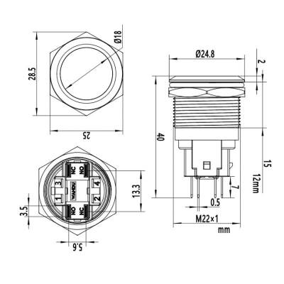 22E-P1 22mm Flat Momentary Metal Button - 2