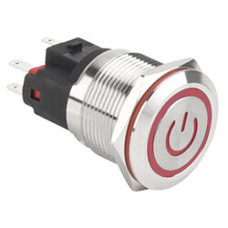 22E-P1-EC 22mm Flat Momentary Illuminated Power Metal Button - Red 