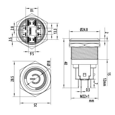 22E-P1-EC 22mm Flat Momentary Illuminated Power Metal Button - Yellow - 2