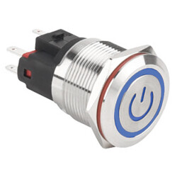 22E-P1Z-EC 22mm Flat Self Locking Illuminated Power Metal Button - Blue - 1