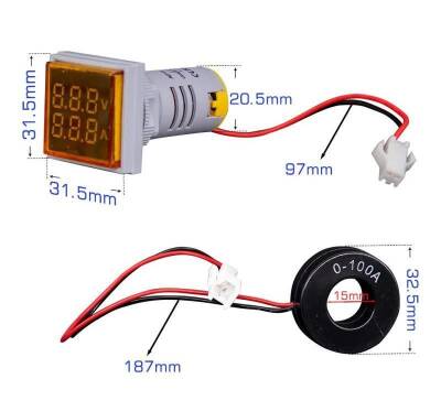 22mm Digital Voltmeter-Ammeter AC 20-500V 0-100A Blue - 2