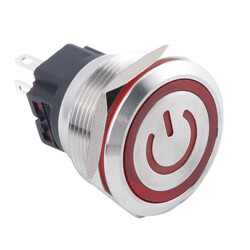 25B-P1Z-EC 25mm Flat Self Locking Illuminated Power Metal Button - Red - 1