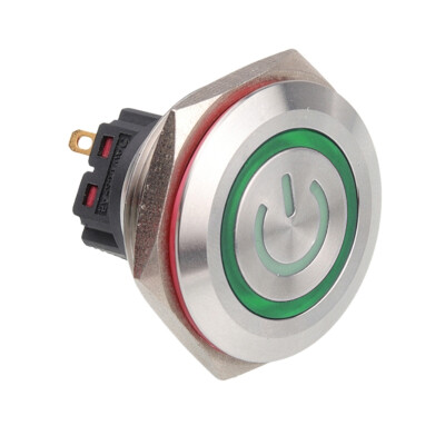 28B-P1-EC 28mm Flat Momentary Illuminated Power Metal Button - Green - 1