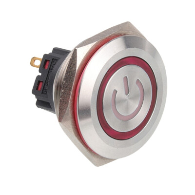 28B-P1-EC 28mm Flat Momentary Illuminated Power Metal Button - Red - 1