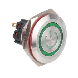 28B-P1Z-EC 28mm Flat Self Locking Illuminated Power Metal Button - Green 