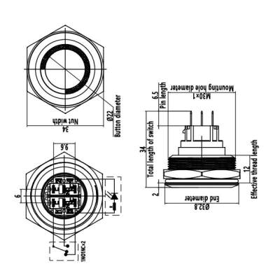 30B-G1-E 30mm Bulge Momentary Illuminated Metal Button - Red - 2