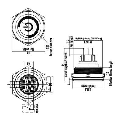 30B-P1-EC 30mm Düz Yaylı Işıklı Power Metal Buton - Beyaz - 2