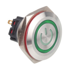 30B-P1-EC 30mm Flat Momentary Illuminated Power Metal Button - Green - 1