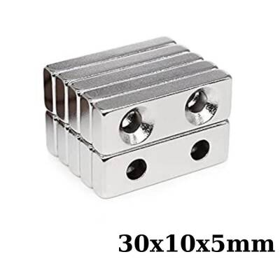 30x10x5-5mm Çift Havşa Delikli Neodyum Güçlü Mıknatıs - Neodim Magnet - 1