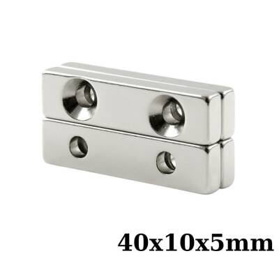 40x10x5-5mm Çift Havşa Delikli Neodyum Güçlü Mıknatıs - Neodim Magnet - 1